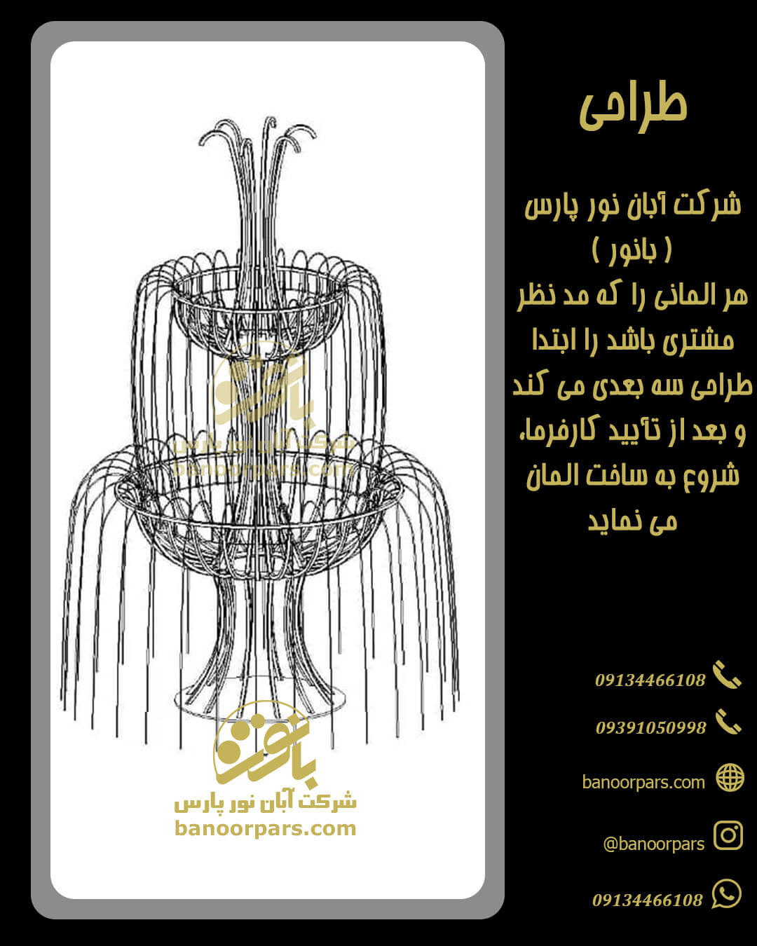 طرحی سه بعدی دکوراتیو شهری آبنما به عنوان نقشه جهت بدست آورن ابعاد واندازه های دقیق